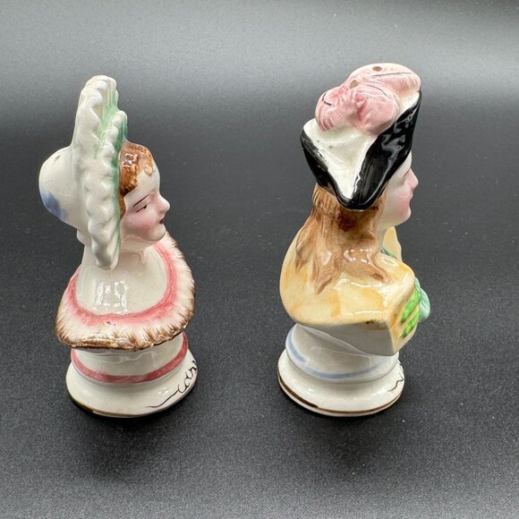 Vintage Ceramic Salt Pepper Shaker Set Colonial Woman And Man Bust Japan Shakers - Picture 2 of 9